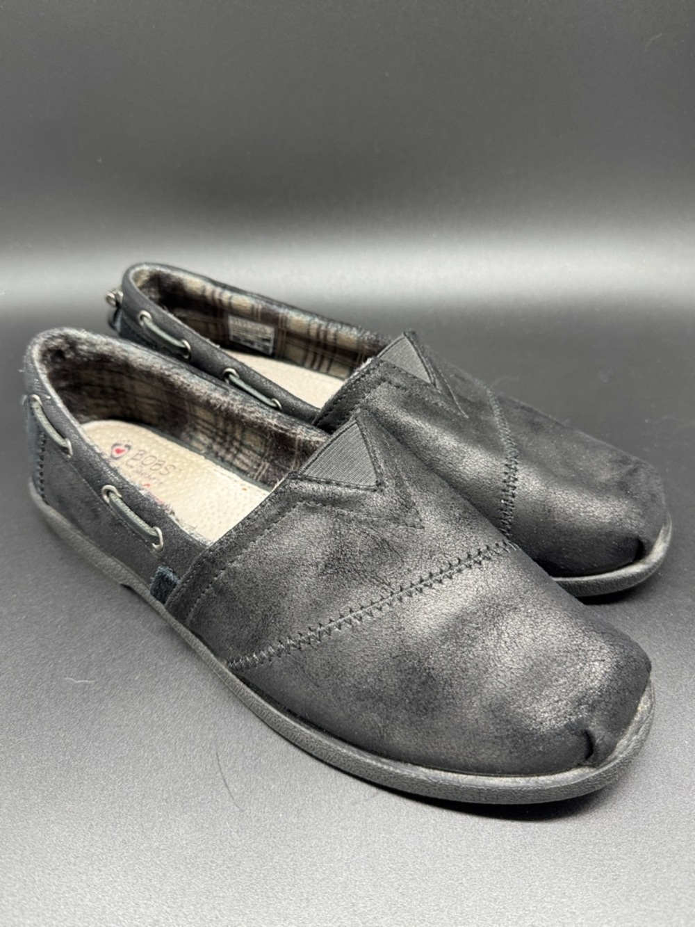 BOBS from Skechers Women's Slip-On Memory Foam Shoe in Black Faux Leather Sz 8.5